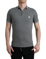 Dolce & Gabbana Graues kurzärmeliges Poloshirt mit Kronen-Stickerei