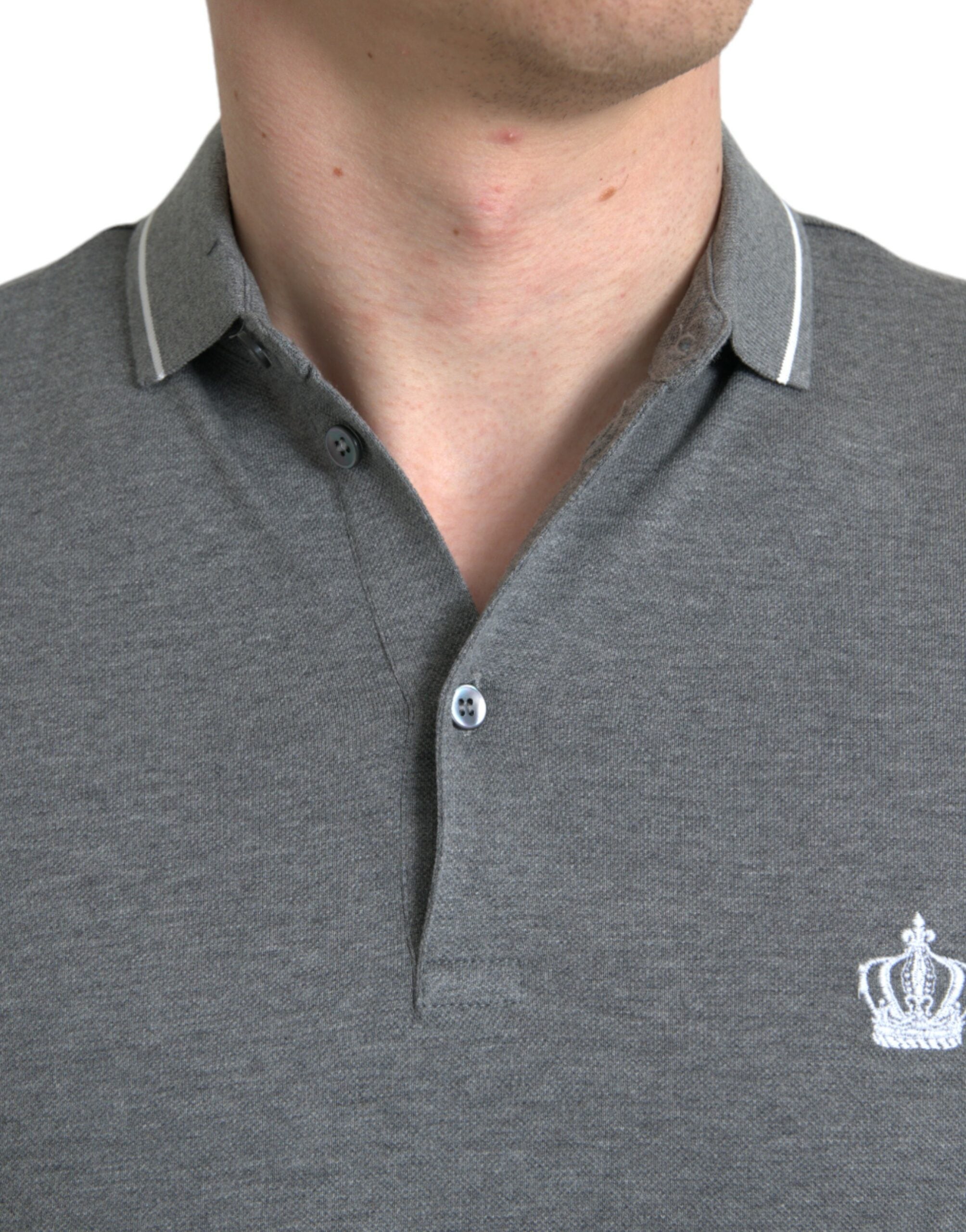 Dolce & Gabbana Graues kurzärmeliges Poloshirt mit Kronen-Stickerei