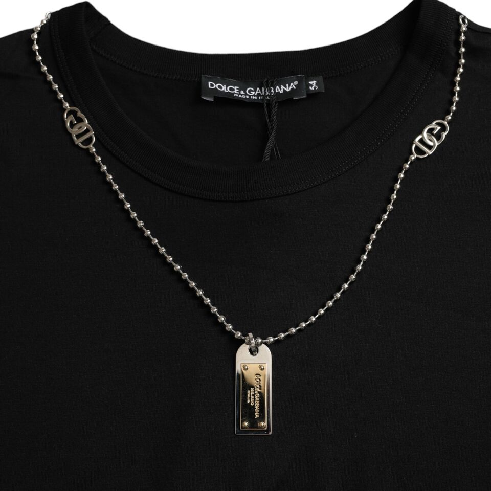 Dolce & Gabbana Schwarzes T-Shirt mit kurzen Ärmeln und silberner Kette
