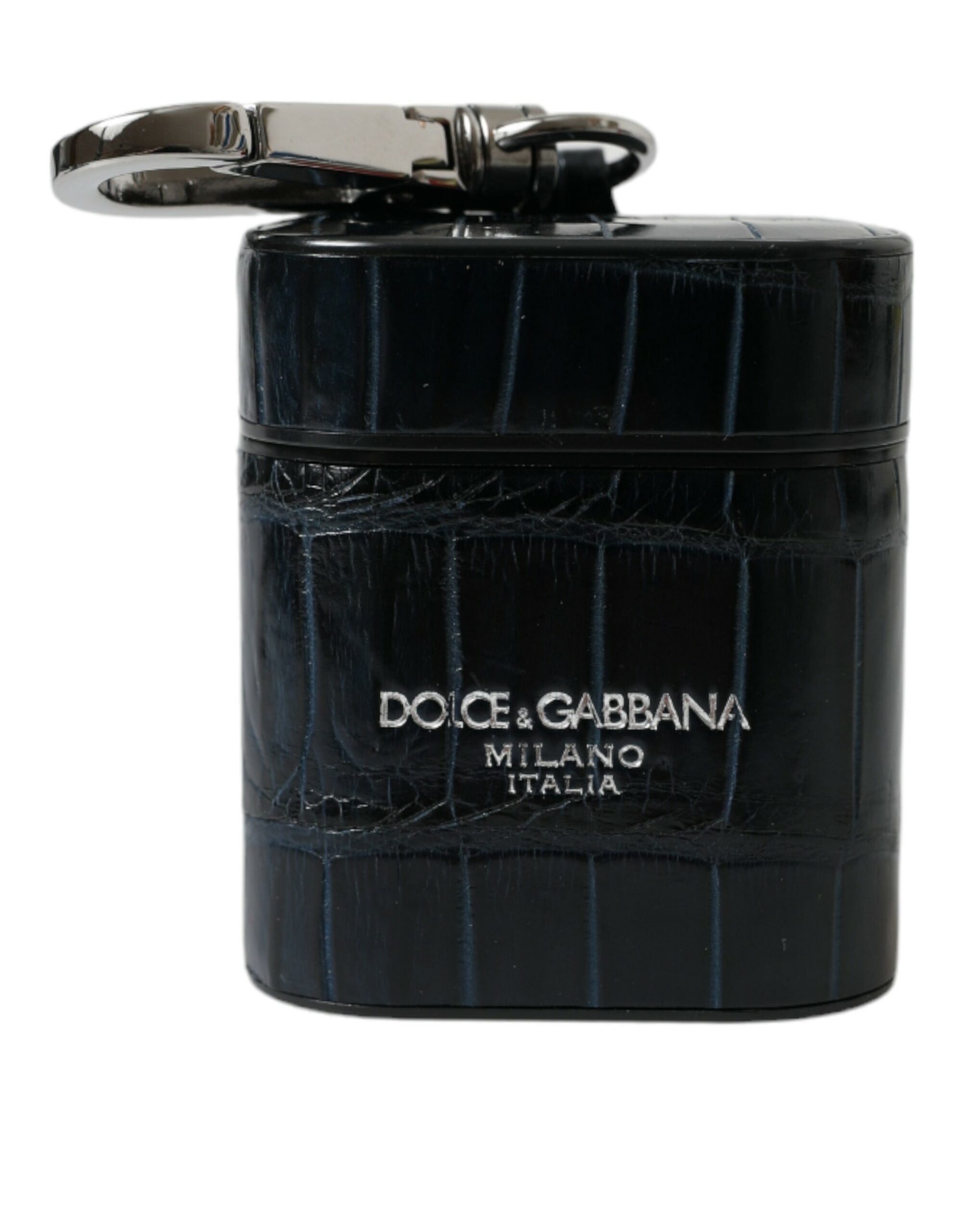 Dolce & Gabbana schwarzes Airpods-Etui aus Krokodilleder mit silberfarbenem Metalllogo