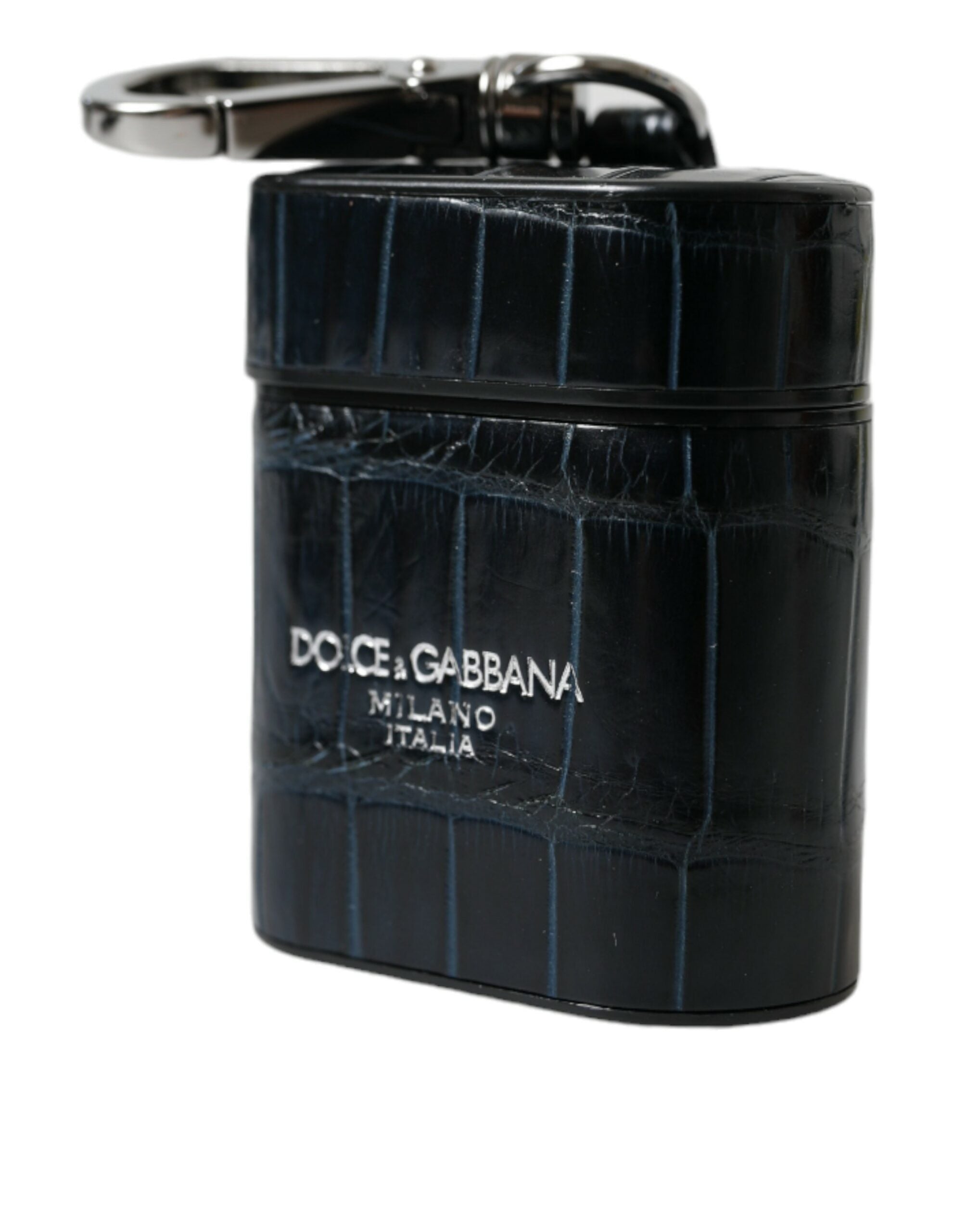 Dolce & Gabbana schwarzes Airpods-Etui aus Krokodilleder mit silberfarbenem Metalllogo