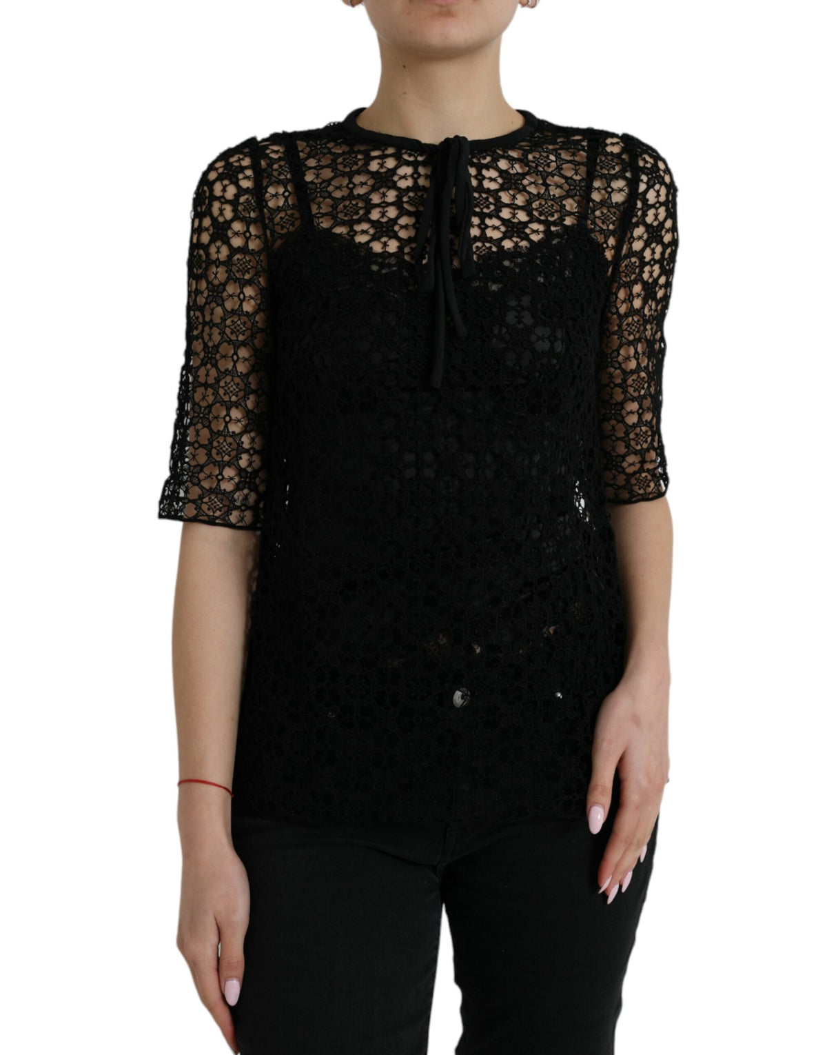 Dolce & Gabbana Schwarze Bluse aus Blumenspitze mit kurzen Ärmeln
