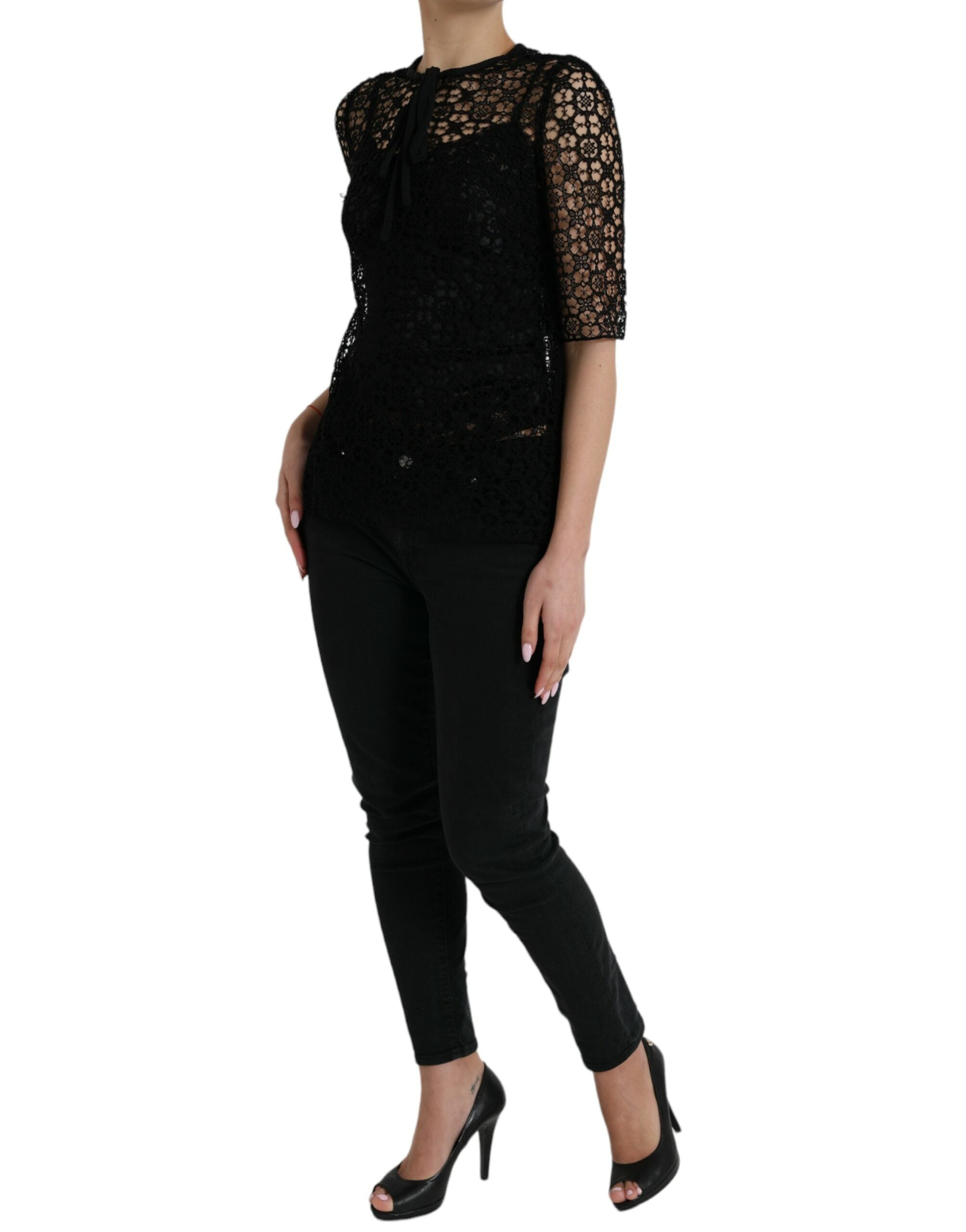 Dolce & Gabbana Schwarze Bluse aus Blumenspitze mit kurzen Ärmeln
