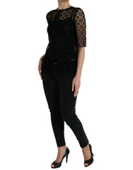 Dolce & Gabbana Schwarze Bluse aus Blumenspitze mit kurzen Ärmeln
