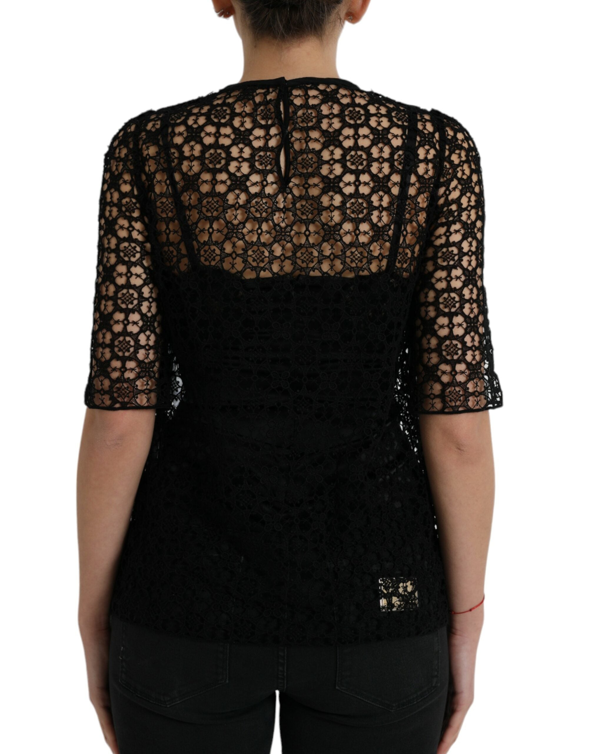 Dolce & Gabbana Schwarze Bluse aus Blumenspitze mit kurzen Ärmeln