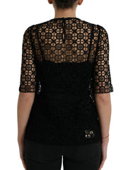 Dolce & Gabbana Schwarze Bluse aus Blumenspitze mit kurzen Ärmeln