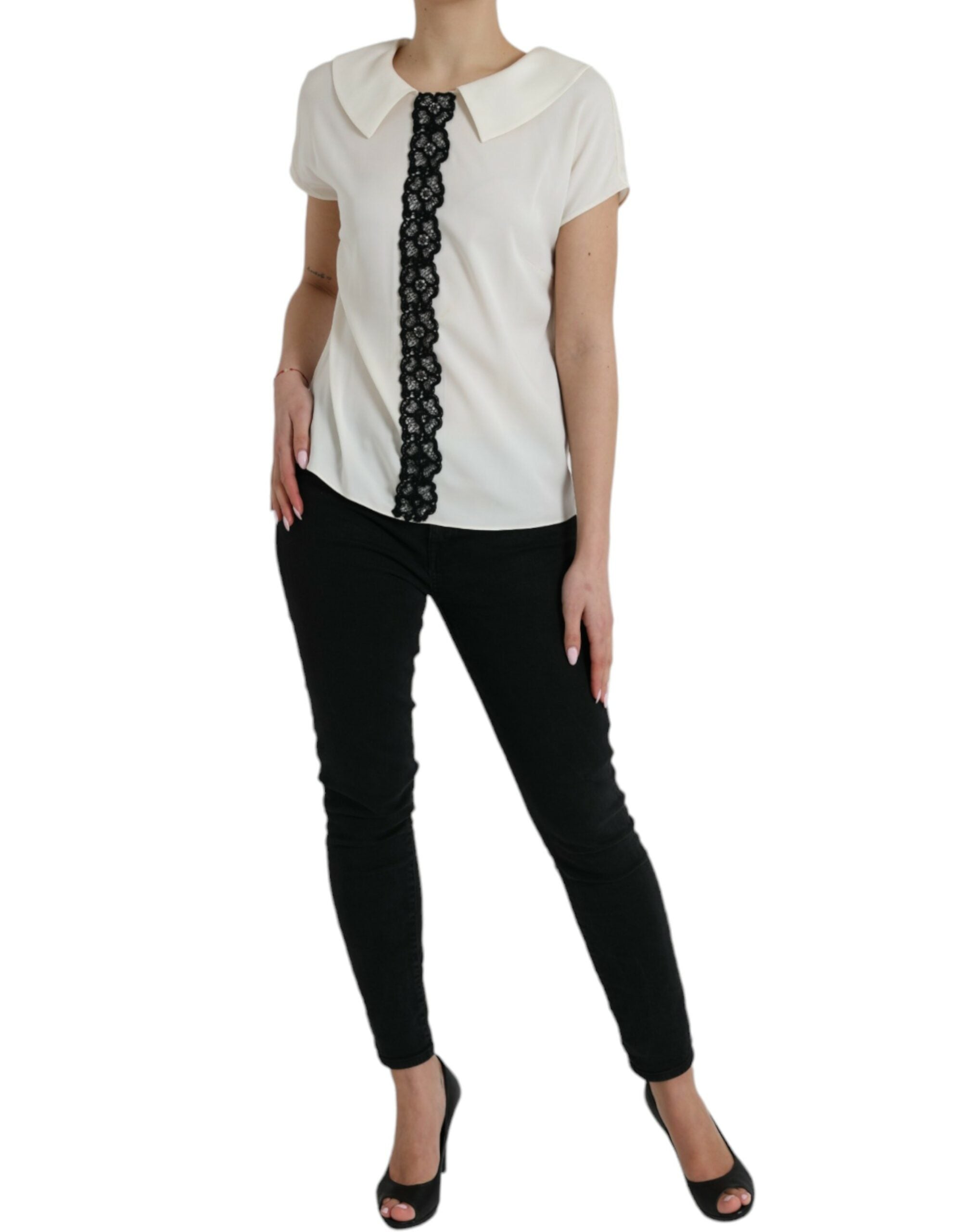 Dolce & Gabbana Off White Zijden Top met Korte Mouwen en Kanten Afwerking