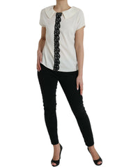 Dolce & Gabbana Off White Zijden Top met Korte Mouwen en Kanten Afwerking