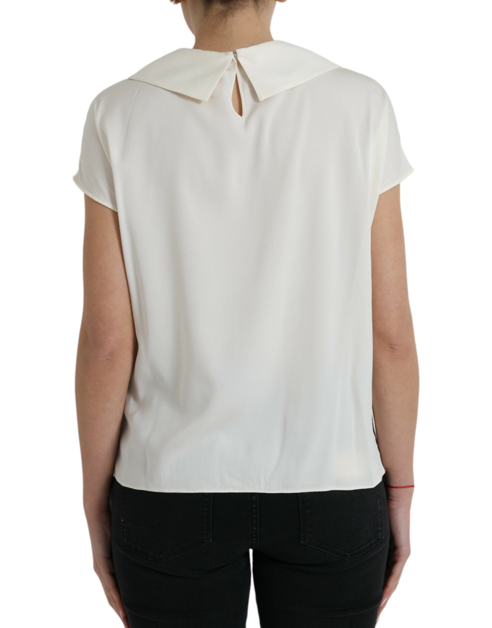 Dolce & Gabbana Off White Zijden Top met Korte Mouwen en Kanten Afwerking