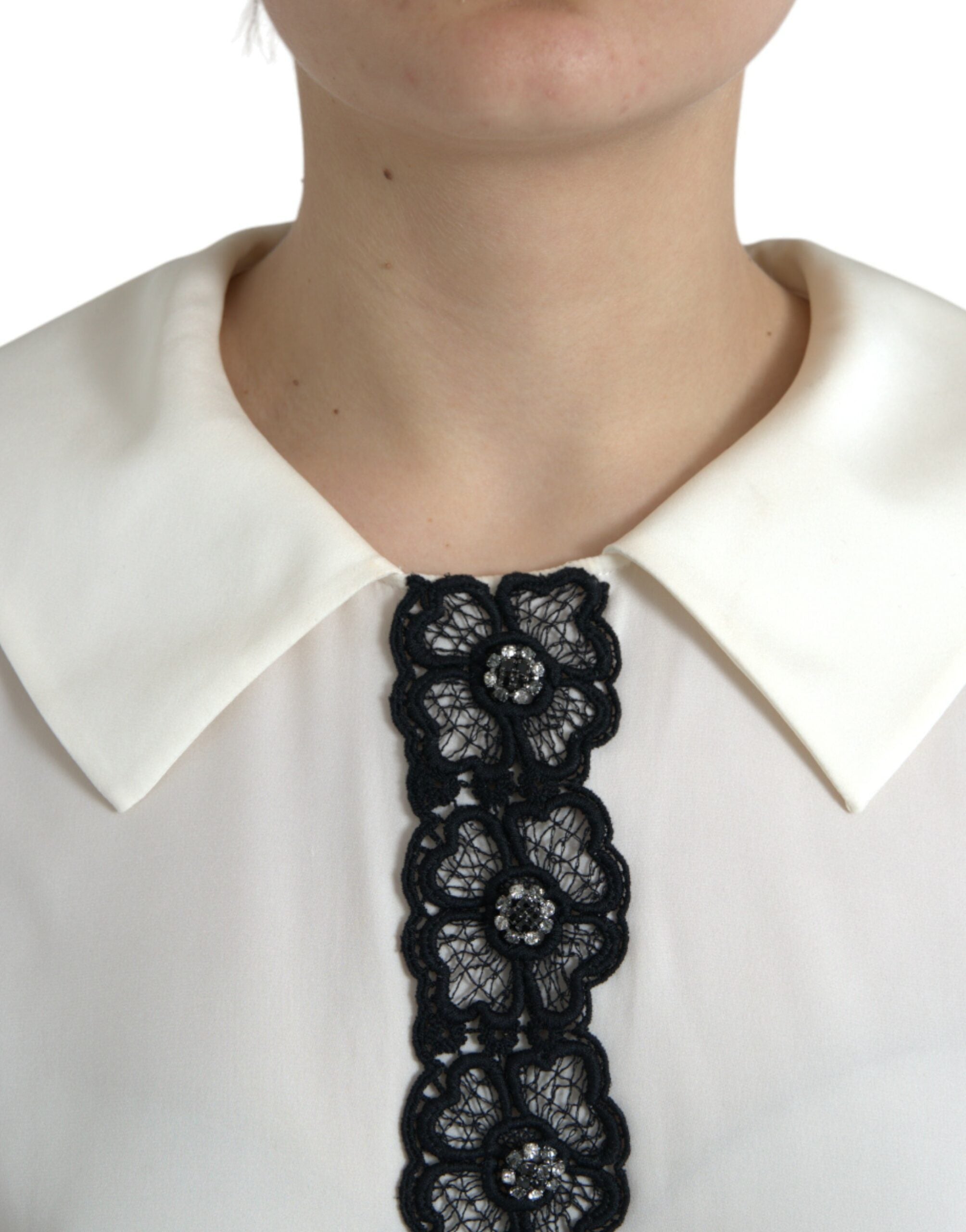 Dolce & Gabbana Off White Zijden Top met Korte Mouwen en Kanten Afwerking