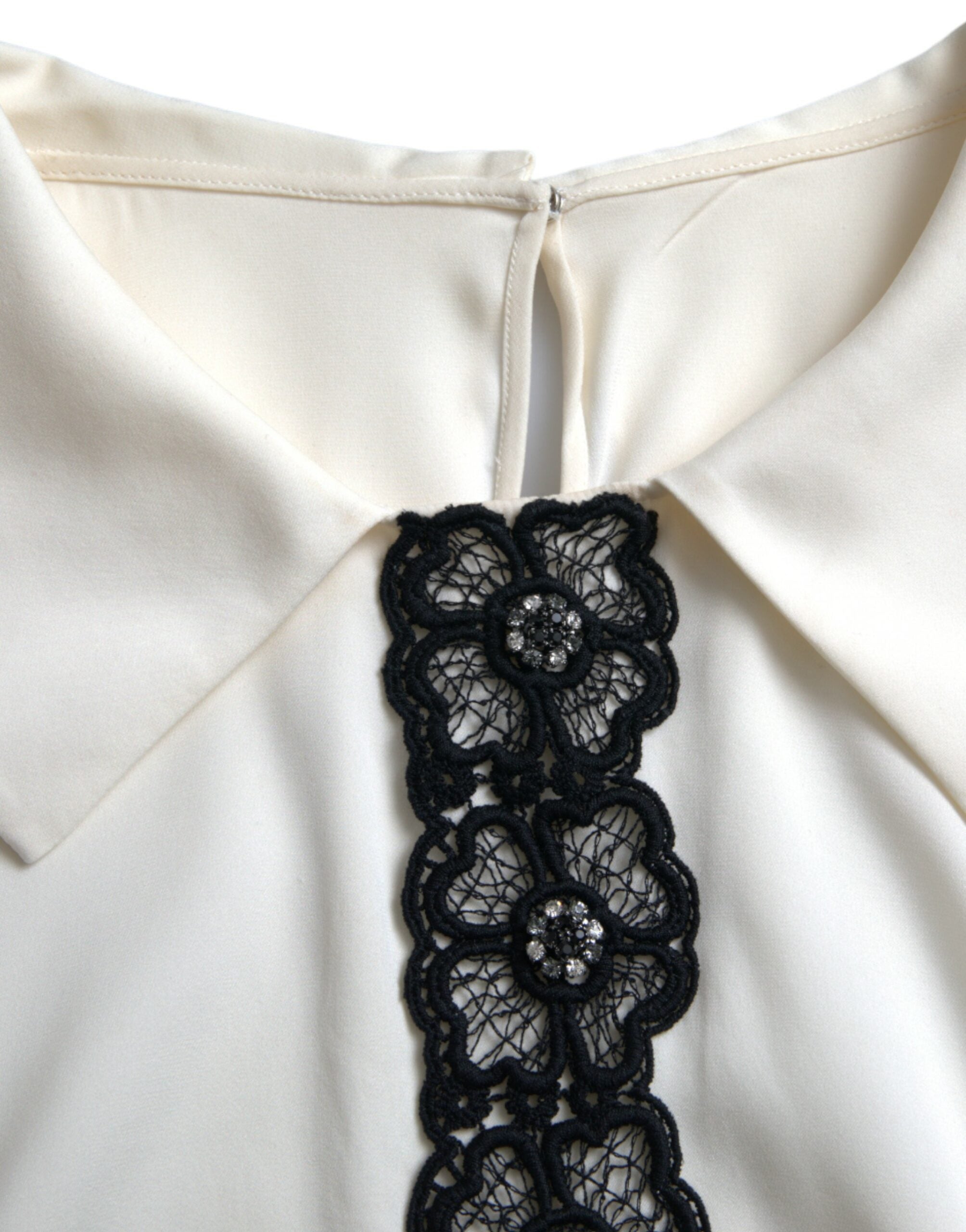 Dolce & Gabbana Off White Zijden Top met Korte Mouwen en Kanten Afwerking
