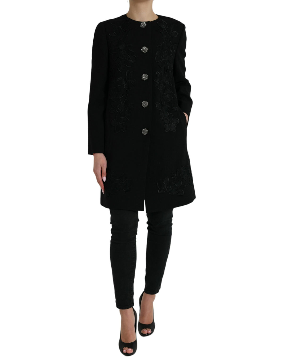 Dolce & Gabbana Schwarze Blumenjacke aus Wolle mit Knopfverzierung