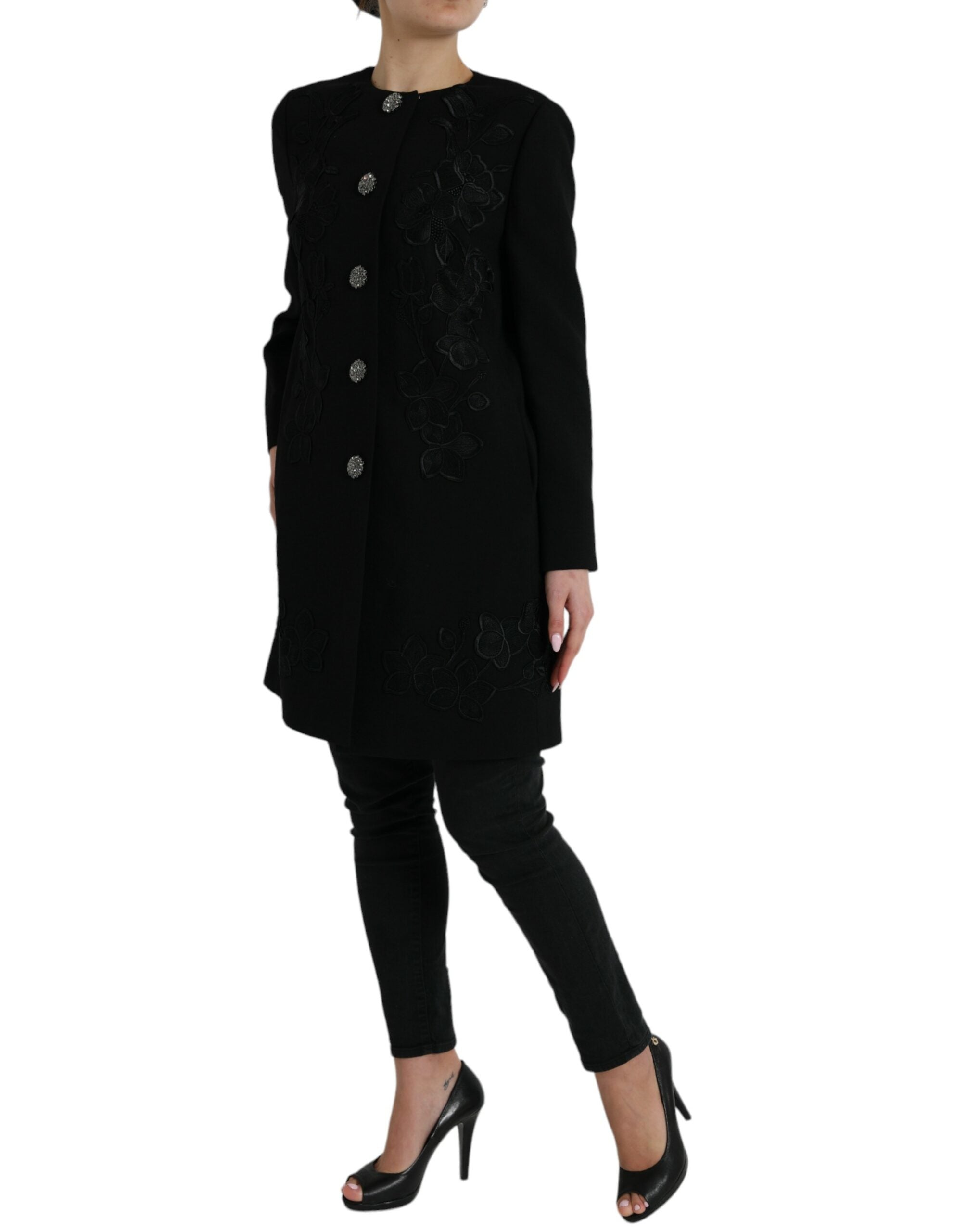 Dolce & Gabbana Schwarze Blumenjacke aus Wolle mit Knopfverzierung