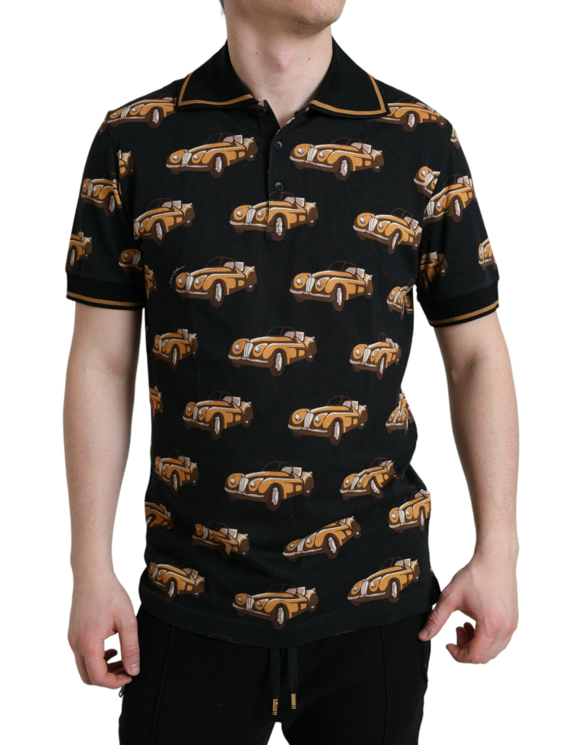 Dolce & Gabbana Schwarzes Polo-T-Shirt mit Autoprint und kurzen Ärmeln