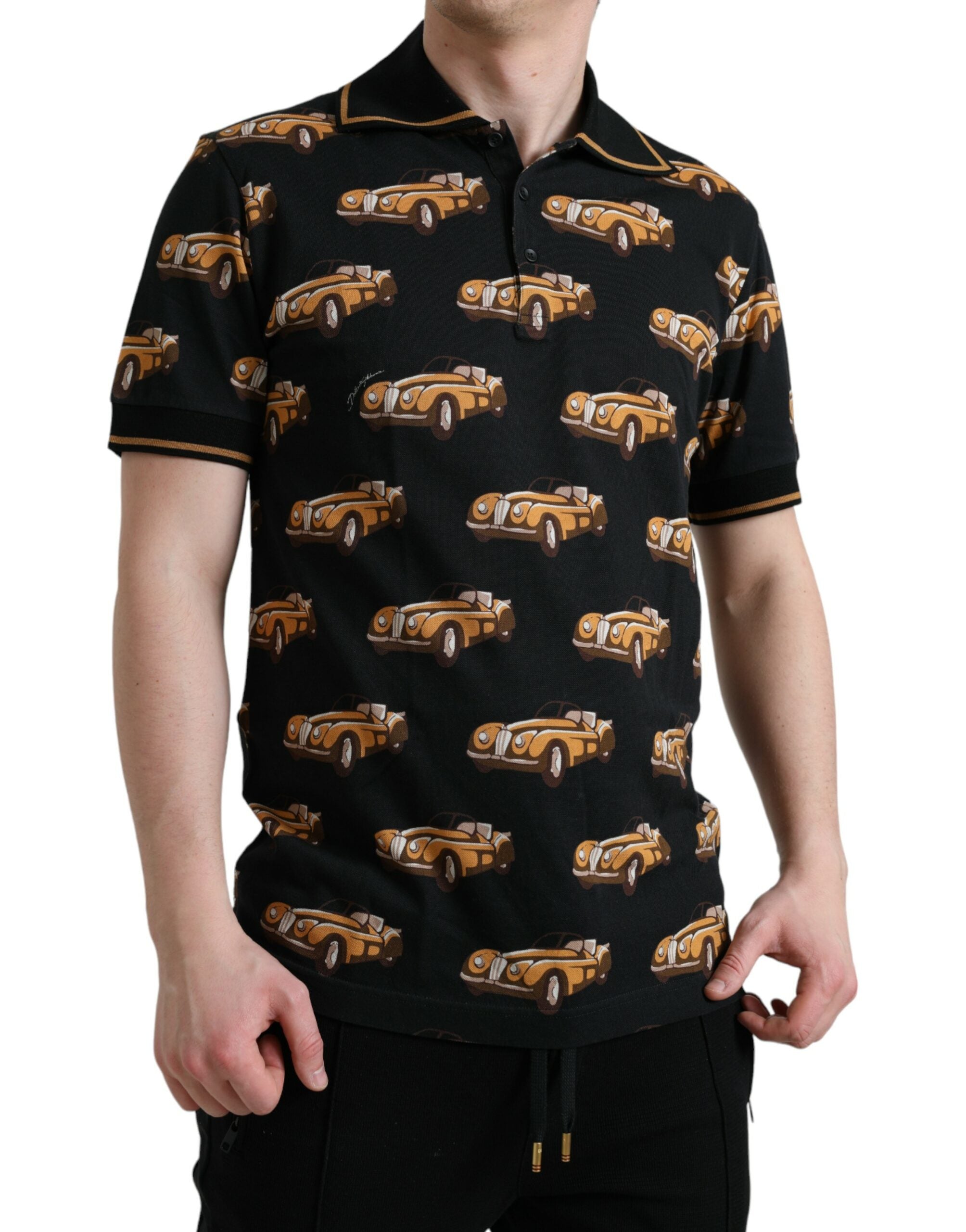 Dolce & Gabbana Schwarzes Polo-T-Shirt mit Autoprint und kurzen Ärmeln
