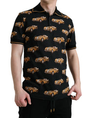 Dolce & Gabbana Schwarzes Polo-T-Shirt mit Autoprint und kurzen Ärmeln