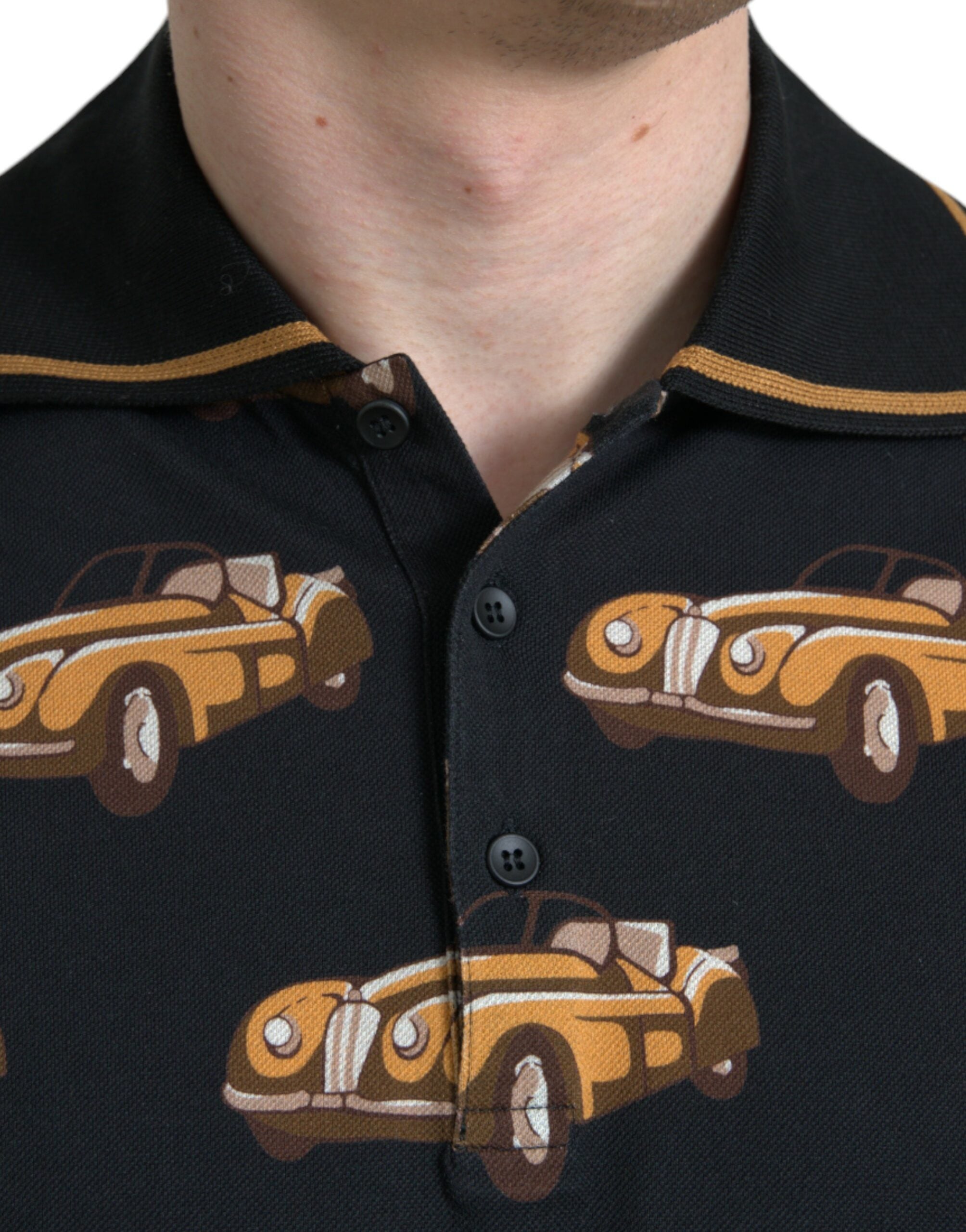 Dolce & Gabbana Schwarzes Polo-T-Shirt mit Autoprint und kurzen Ärmeln