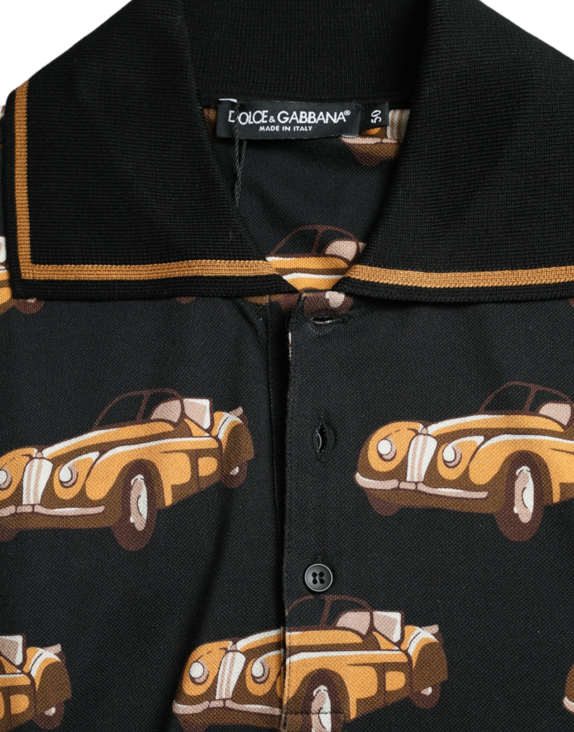 Dolce & Gabbana Schwarzes Polo-T-Shirt mit Autoprint und kurzen Ärmeln