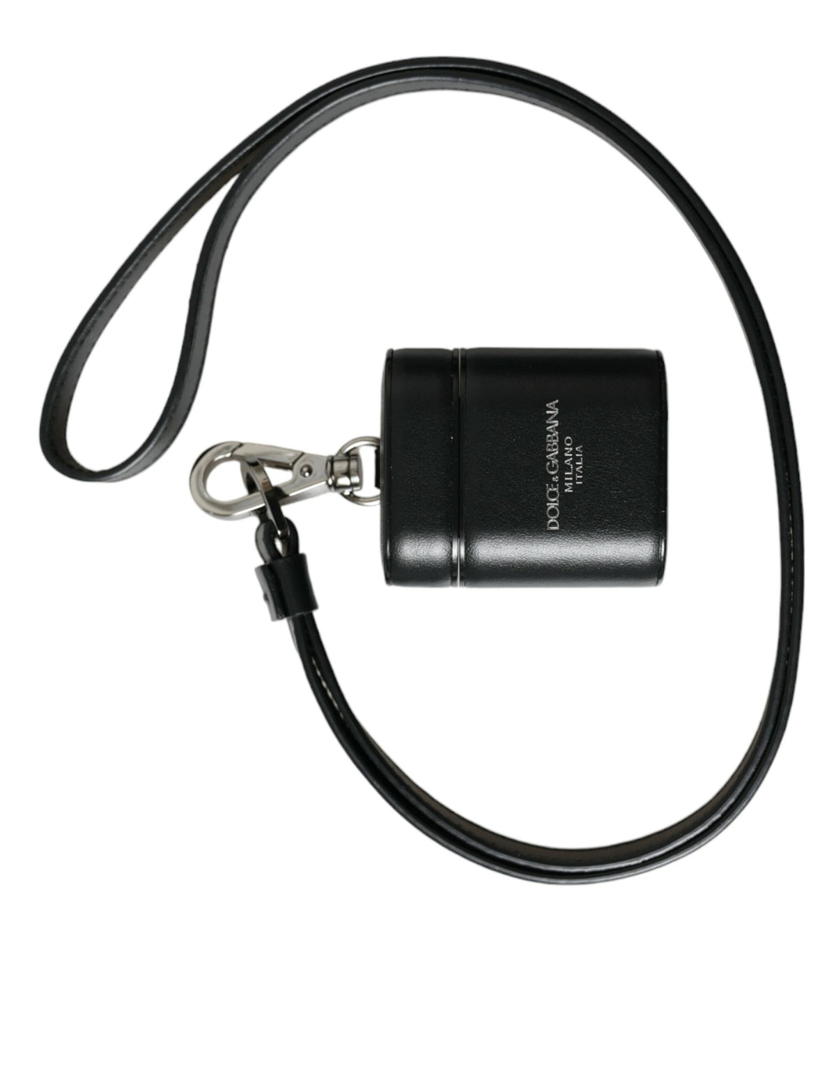 Dolce & Gabbana AirPods Hülle aus schwarzem Leder mit Logo-Print aus silbernem Metall