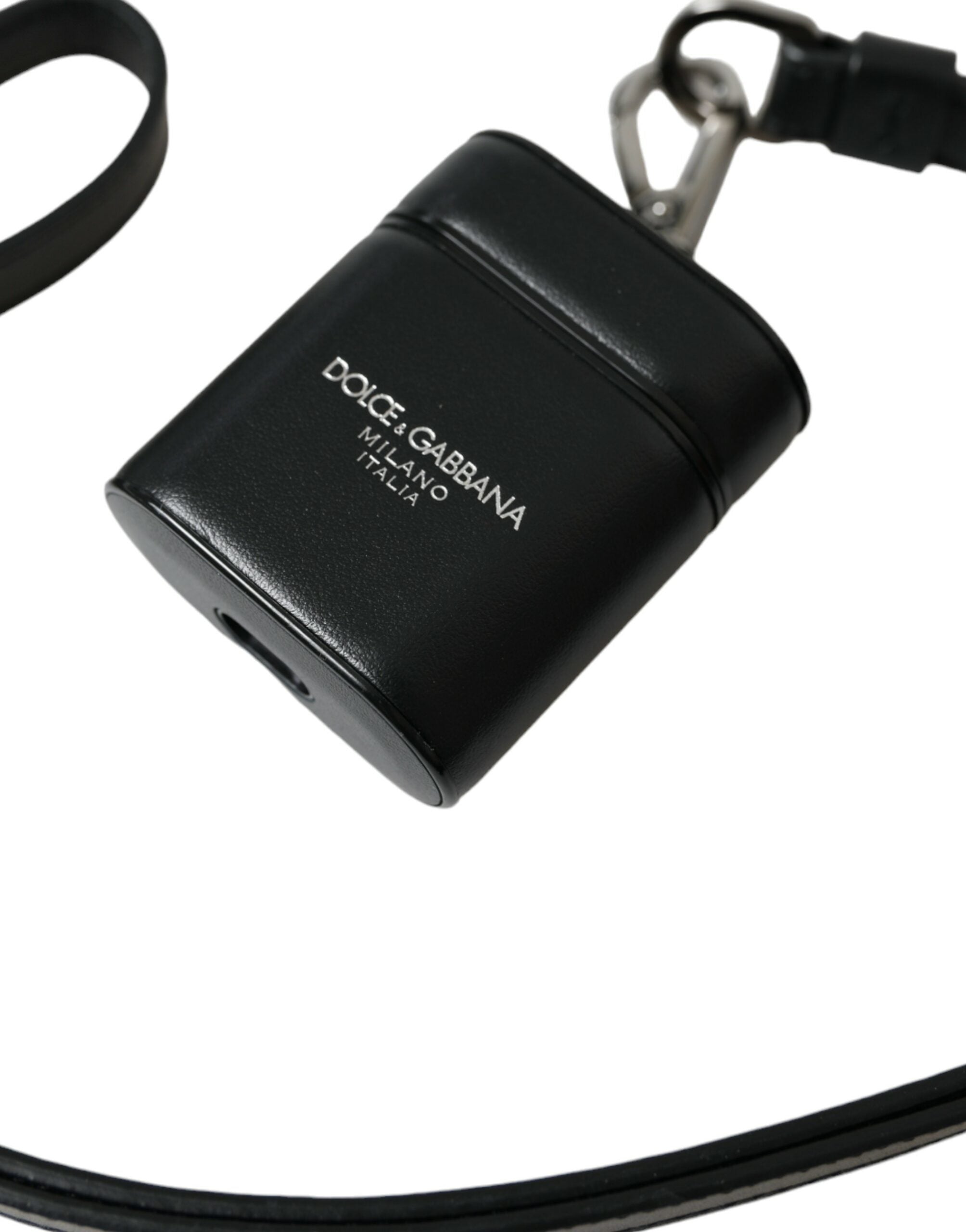 Dolce & Gabbana AirPods Hülle aus schwarzem Leder mit Logo-Print aus silbernem Metall