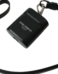 Dolce & Gabbana AirPods Hülle aus schwarzem Leder mit Logo-Print aus silbernem Metall
