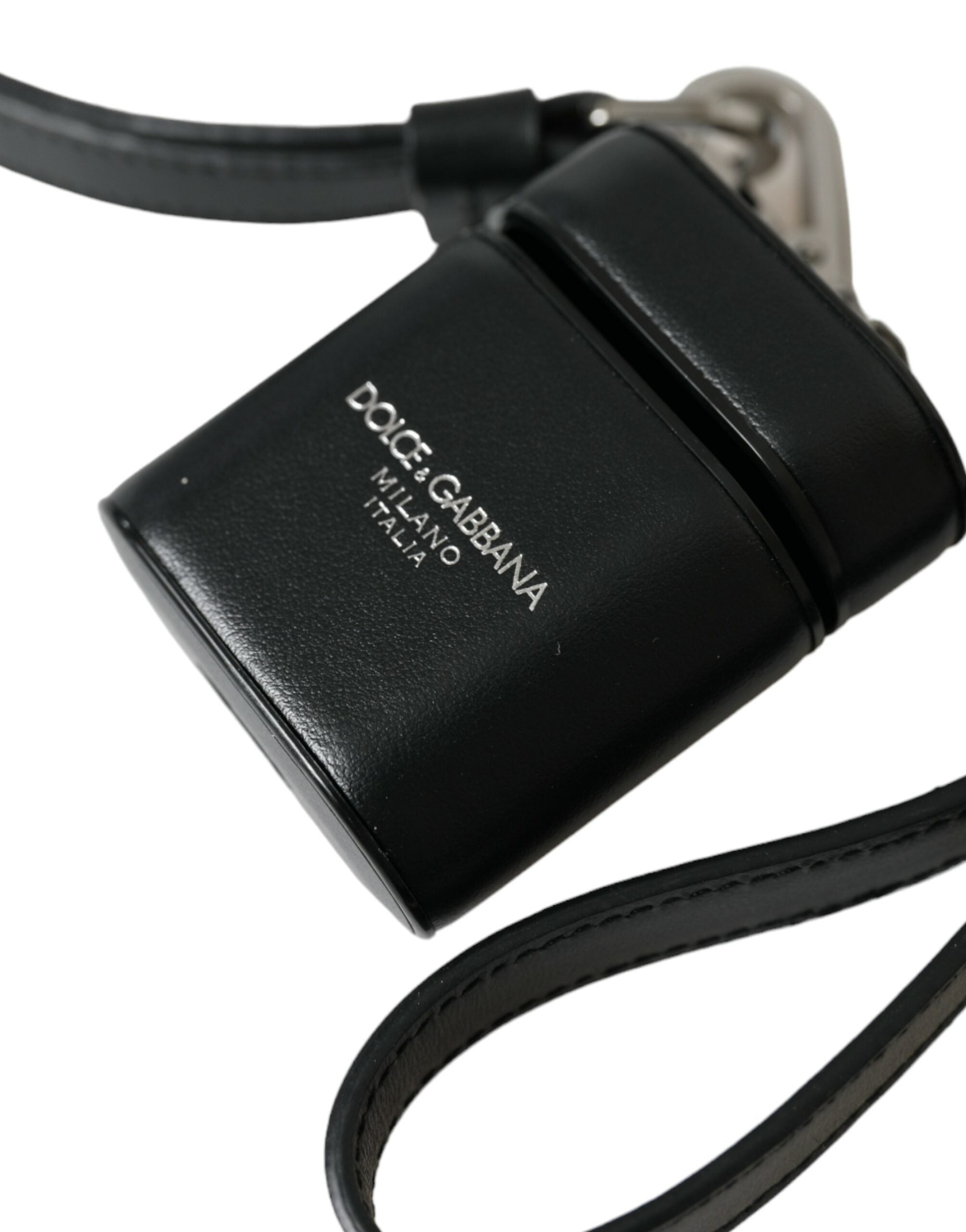 Dolce & Gabbana AirPods Hülle aus schwarzem Leder mit Logo-Print aus silbernem Metall