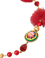 Dolce & Gabbana Goldfarbene Messingkette mit roten Pelzelementen und Carretto-Kristallen
