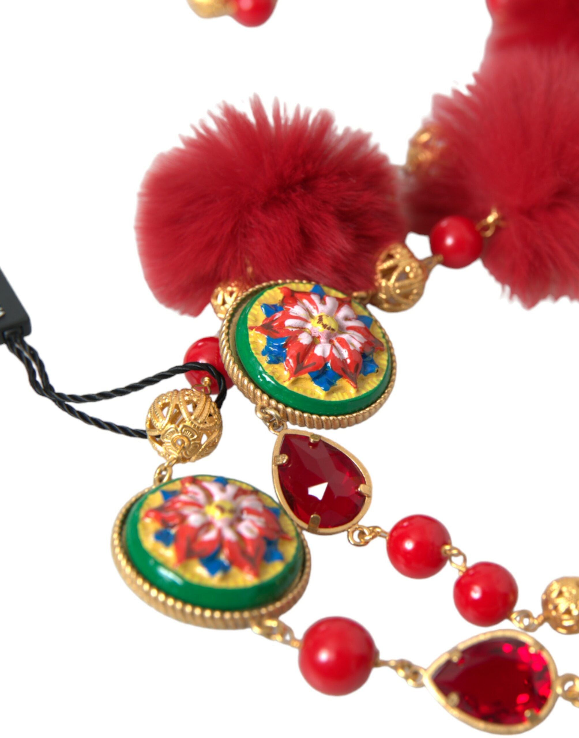 Dolce & Gabbana Goldfarbene Messingkette mit roten Pelzelementen und Carretto-Kristallen