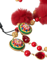 Dolce & Gabbana Goldfarbene Messingkette mit roten Pelzelementen und Carretto-Kristallen