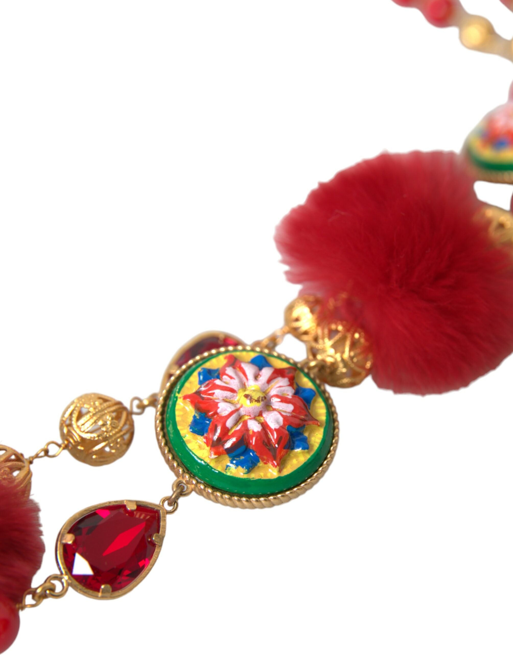 Dolce & Gabbana Goldfarbene Messingkette mit roten Pelzelementen und Carretto-Kristallen