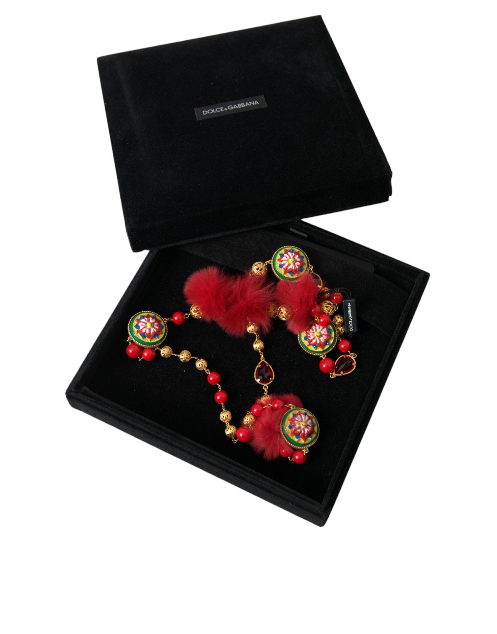 Dolce & Gabbana Goldfarbene Messingkette mit roten Pelzelementen und Carretto-Kristallen