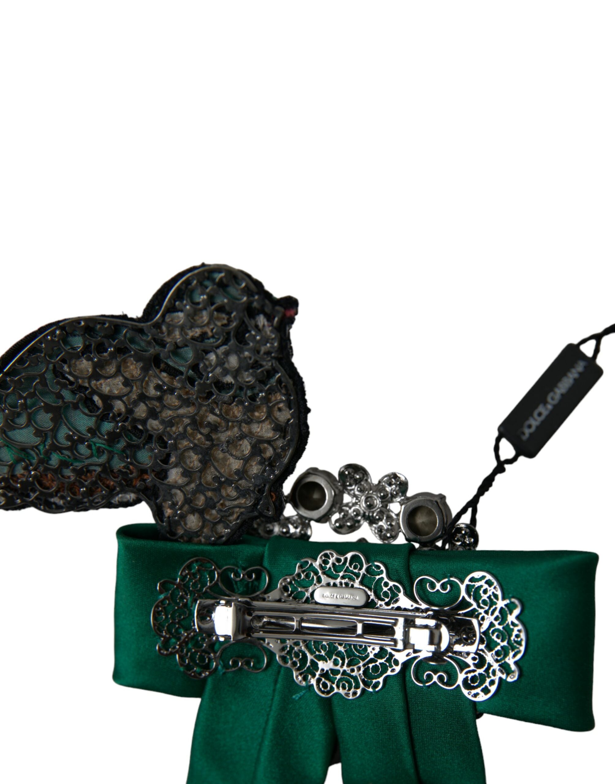Dolce & Gabbana Grüner Satin Vogel Kristall Damen Haarspange