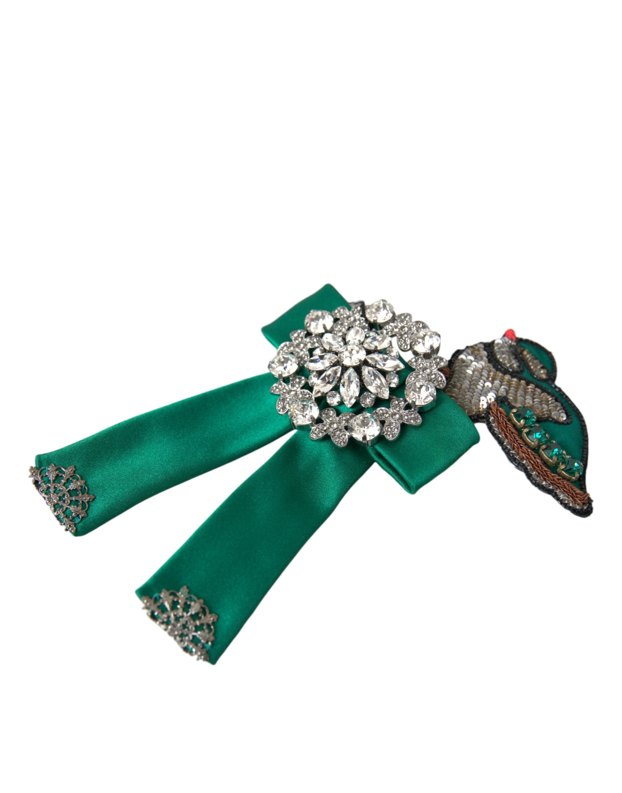 Dolce & Gabbana Grüner Satin Vogel Kristall Damen Haarspange