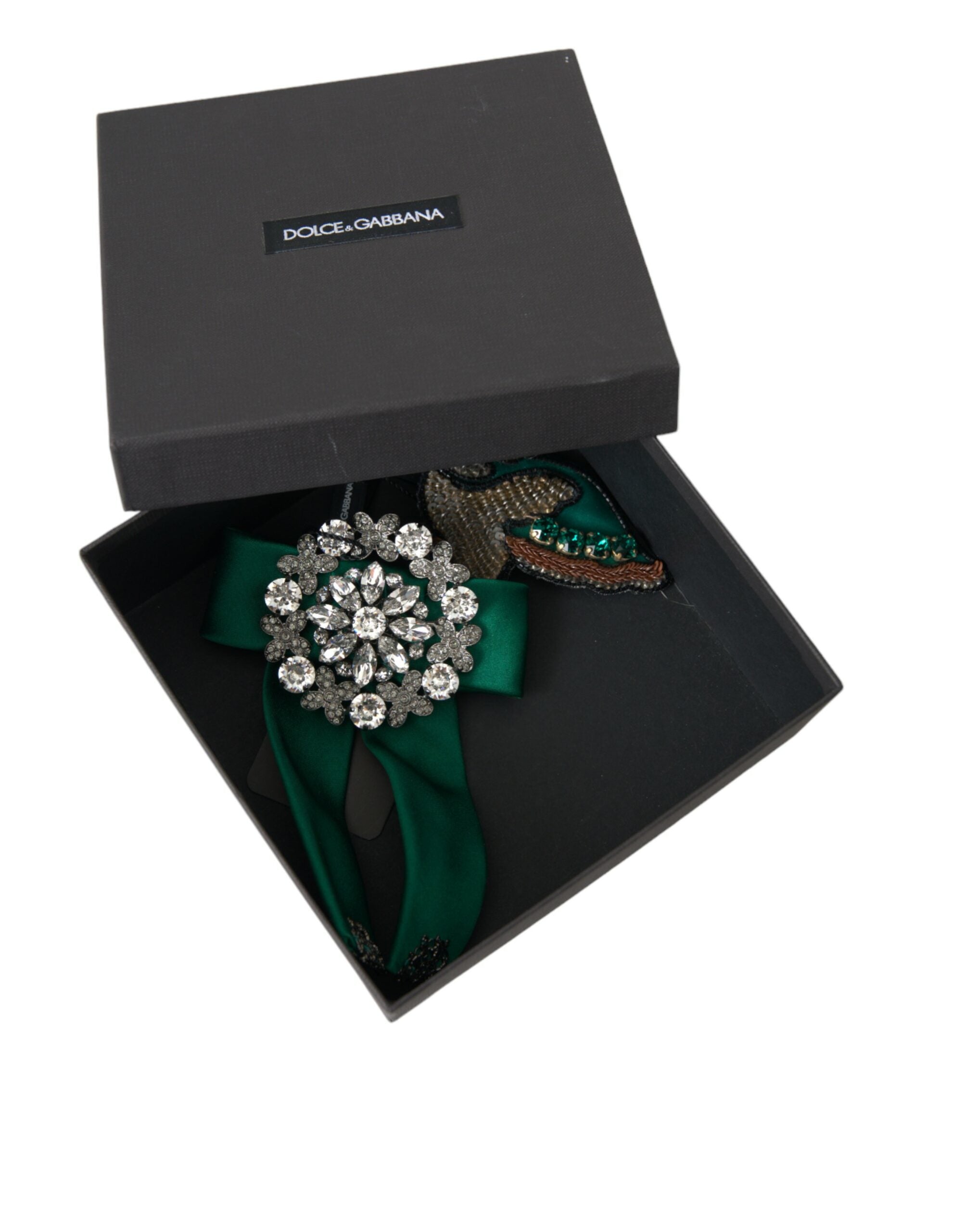 Dolce & Gabbana Grüner Satin Vogel Kristall Damen Haarspange