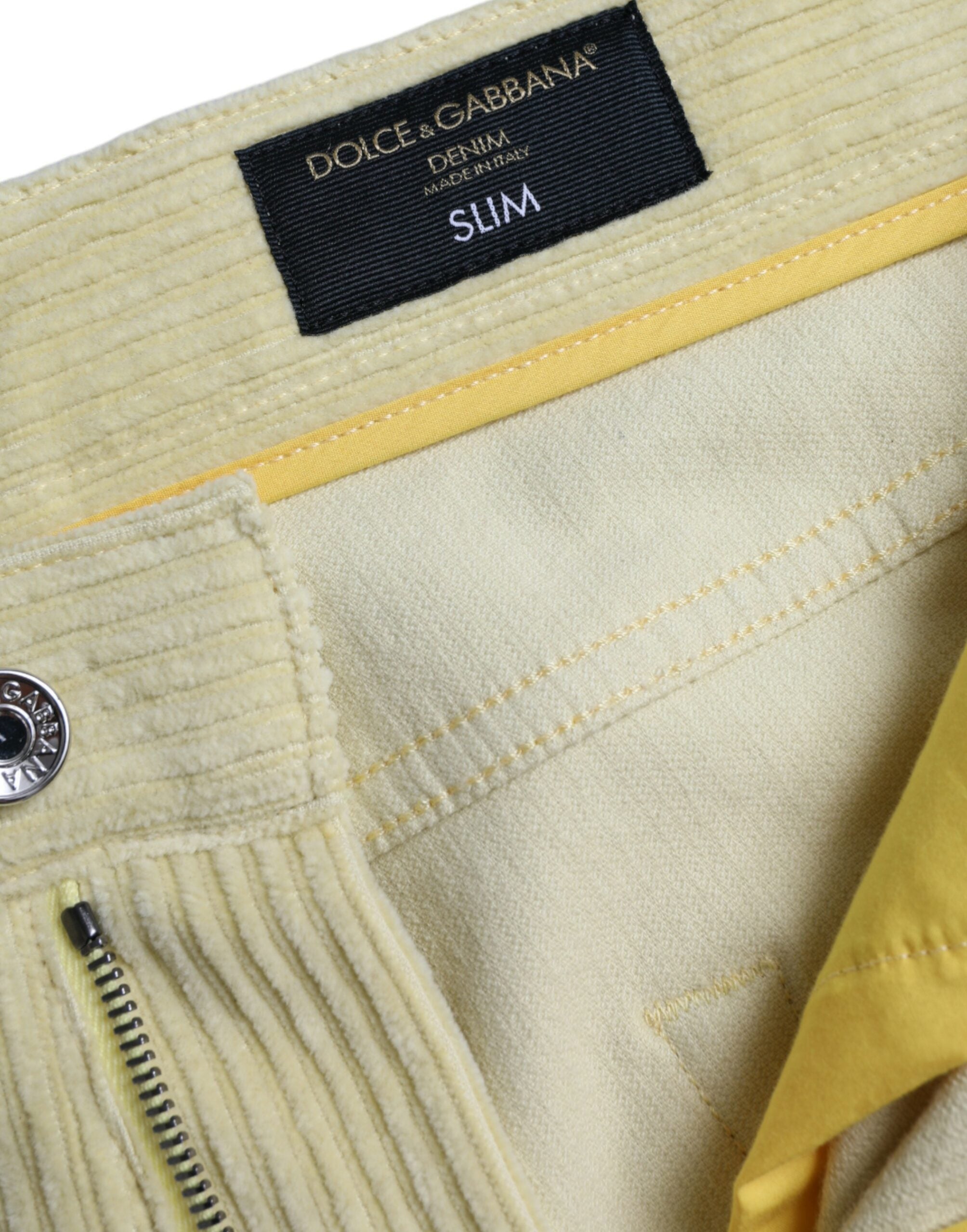 Dolce &amp; Gabbana – Gelbe Skinny-Jeans aus Cord mit Logo-Schild