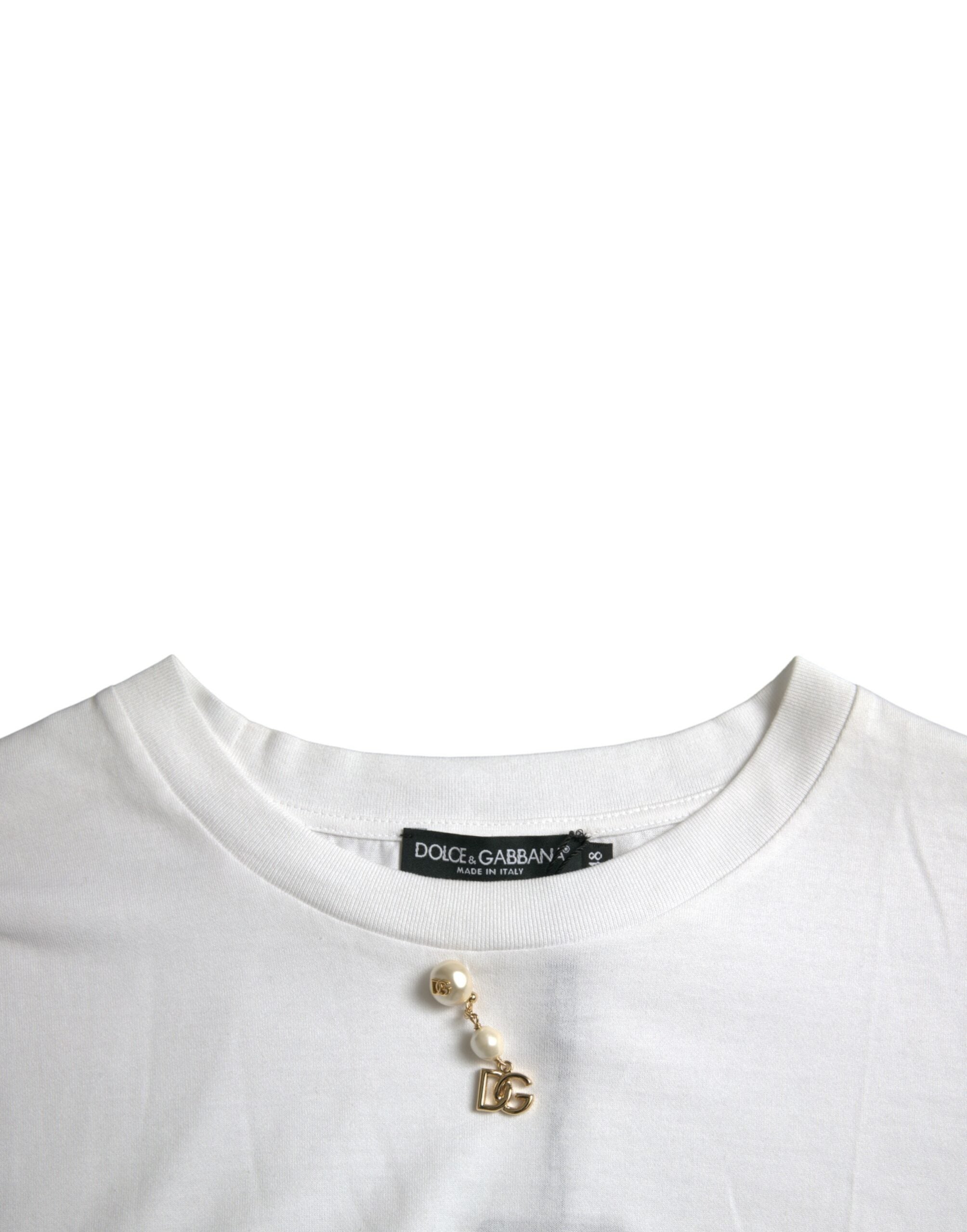 Dolce & Gabbana Weißes T-Shirt mit Rundhalsausschnitt aus Baumwolle und Verzierungen