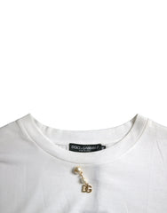 Dolce & Gabbana Weißes T-Shirt mit Rundhalsausschnitt aus Baumwolle und Verzierungen
