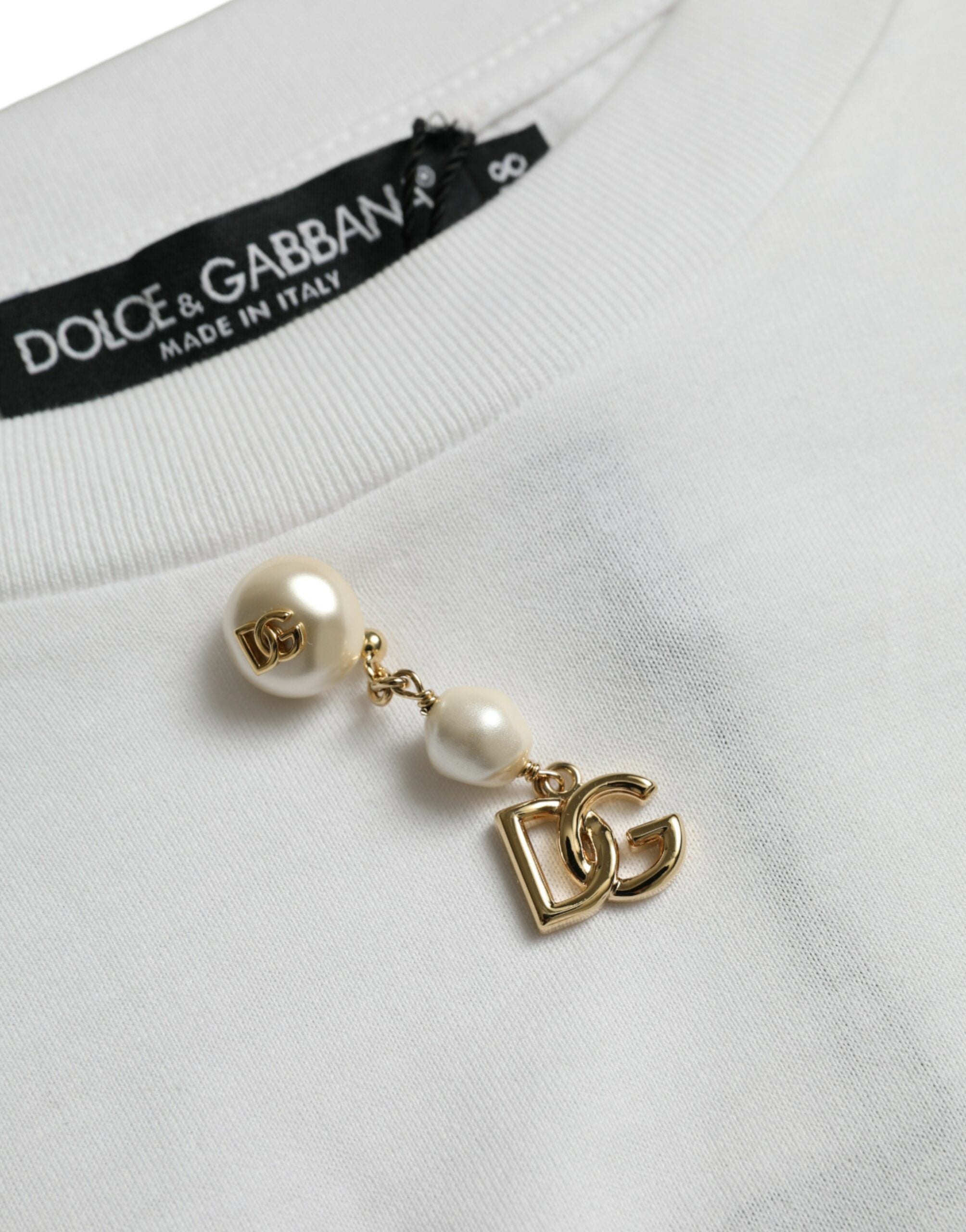 Dolce & Gabbana Weißes T-Shirt mit Rundhalsausschnitt aus Baumwolle und Verzierungen