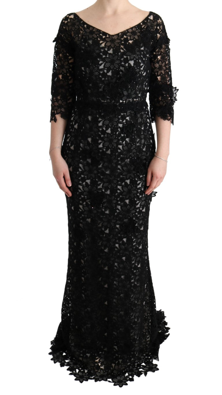 Dolce & Gabbana Schwarzes langes Seidenkleid mit Blumenmuster