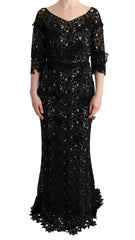 Dolce & Gabbana Schwarzes langes Seidenkleid mit Blumenmuster