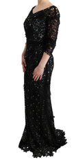 Dolce & Gabbana Schwarzes langes Seidenkleid mit Blumenmuster