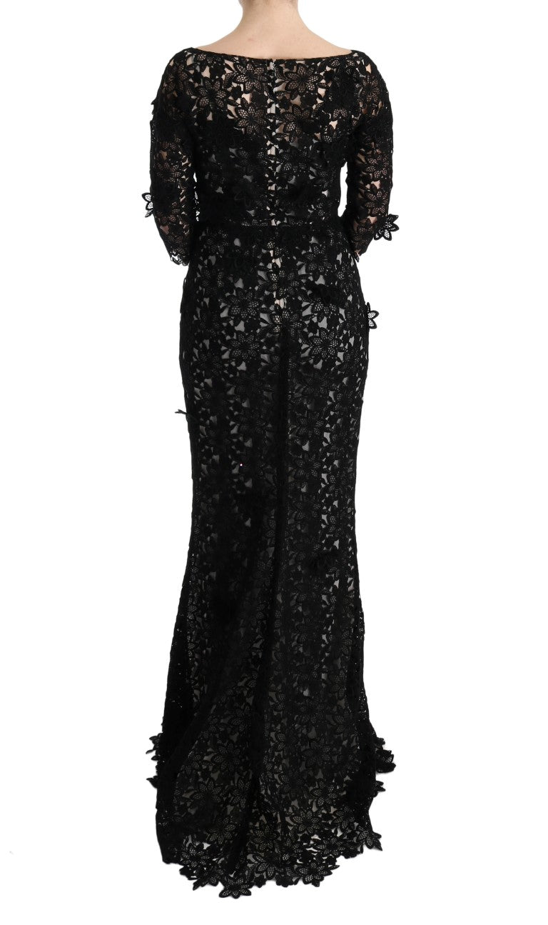 Dolce & Gabbana Schwarzes langes Seidenkleid mit Blumenmuster