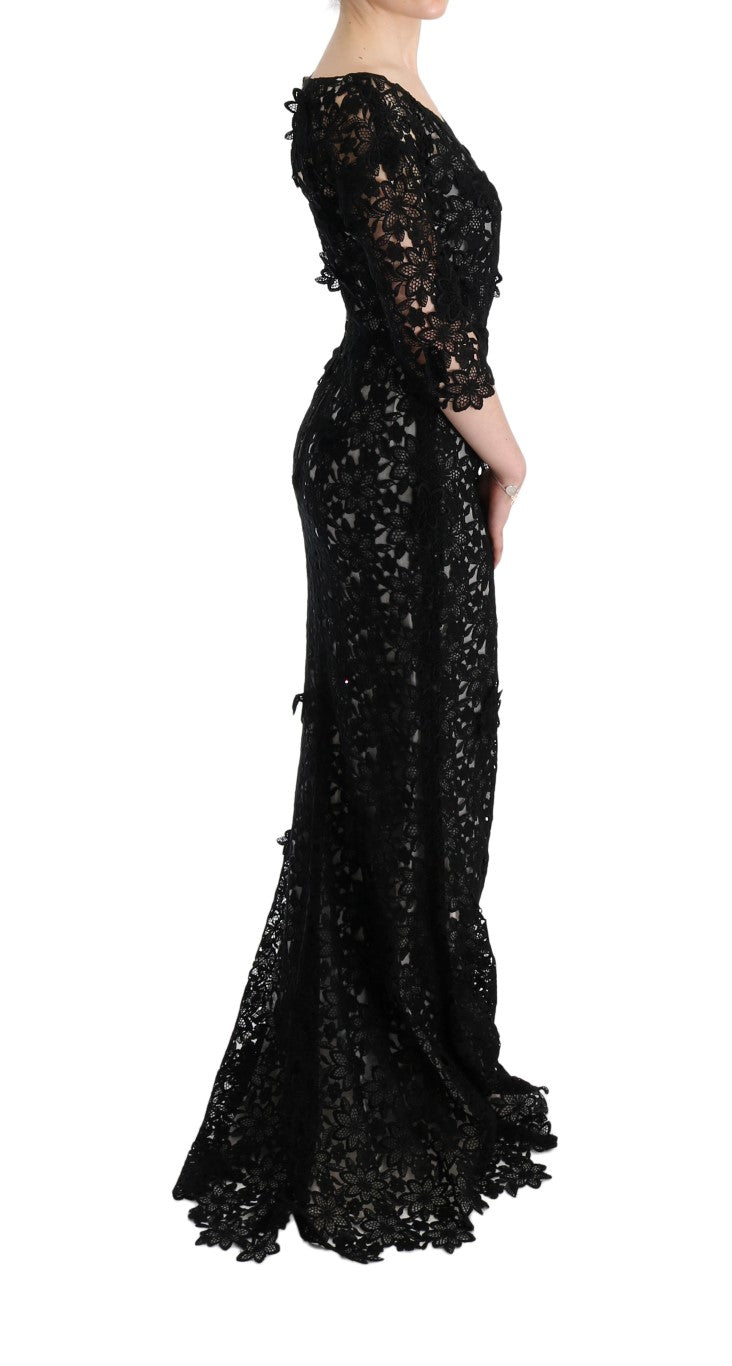 Dolce & Gabbana Schwarzes langes Seidenkleid mit Blumenmuster