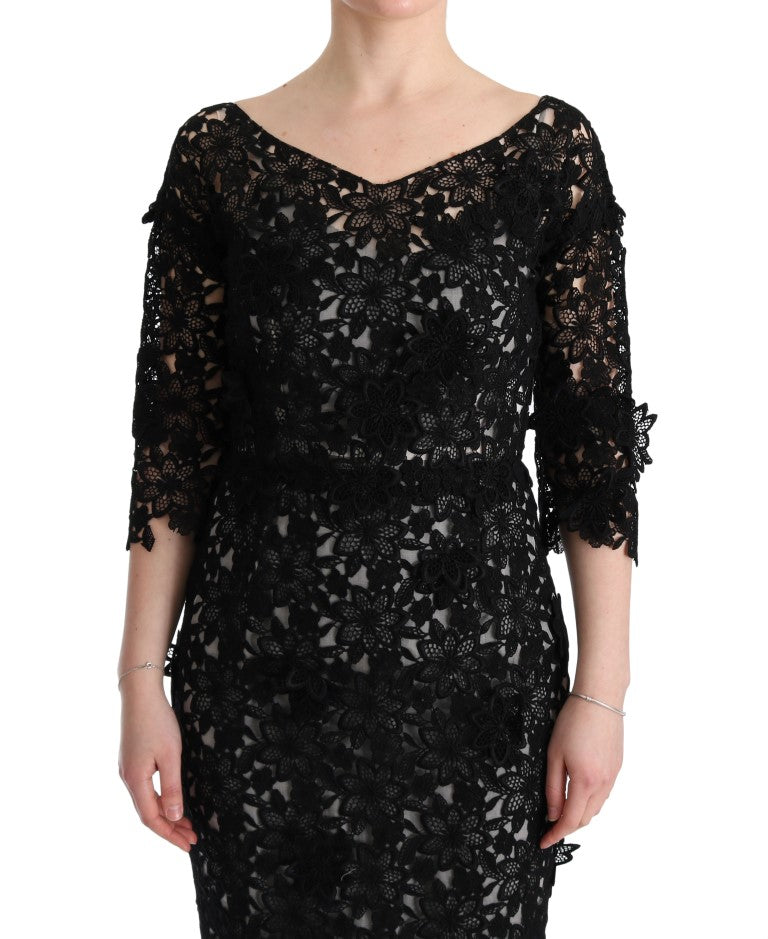 Dolce & Gabbana Schwarzes langes Seidenkleid mit Blumenmuster