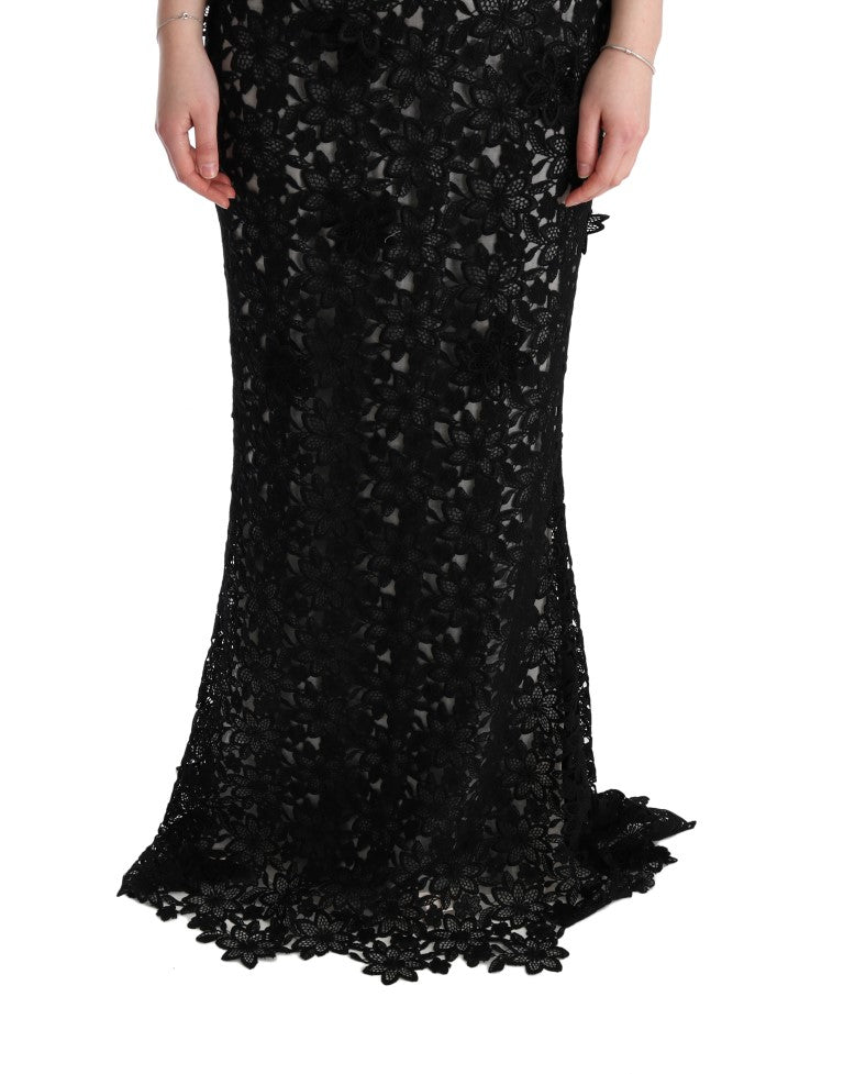 Dolce & Gabbana Schwarzes langes Seidenkleid mit Blumenmuster
