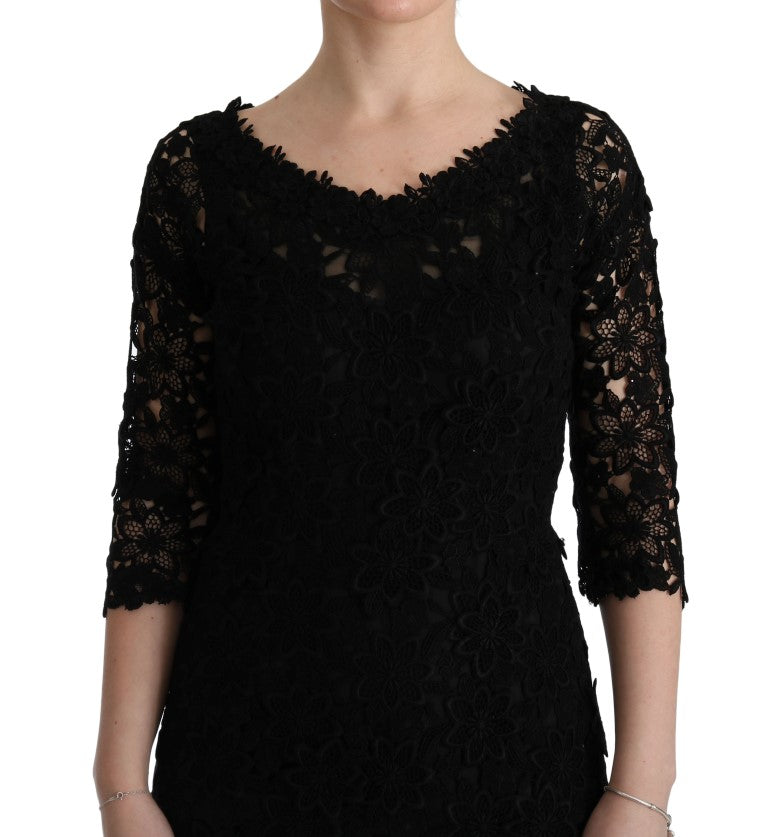 Dolce & Gabbana Zwarte Lange Mouwloze Jurk met Bloemenborduursel