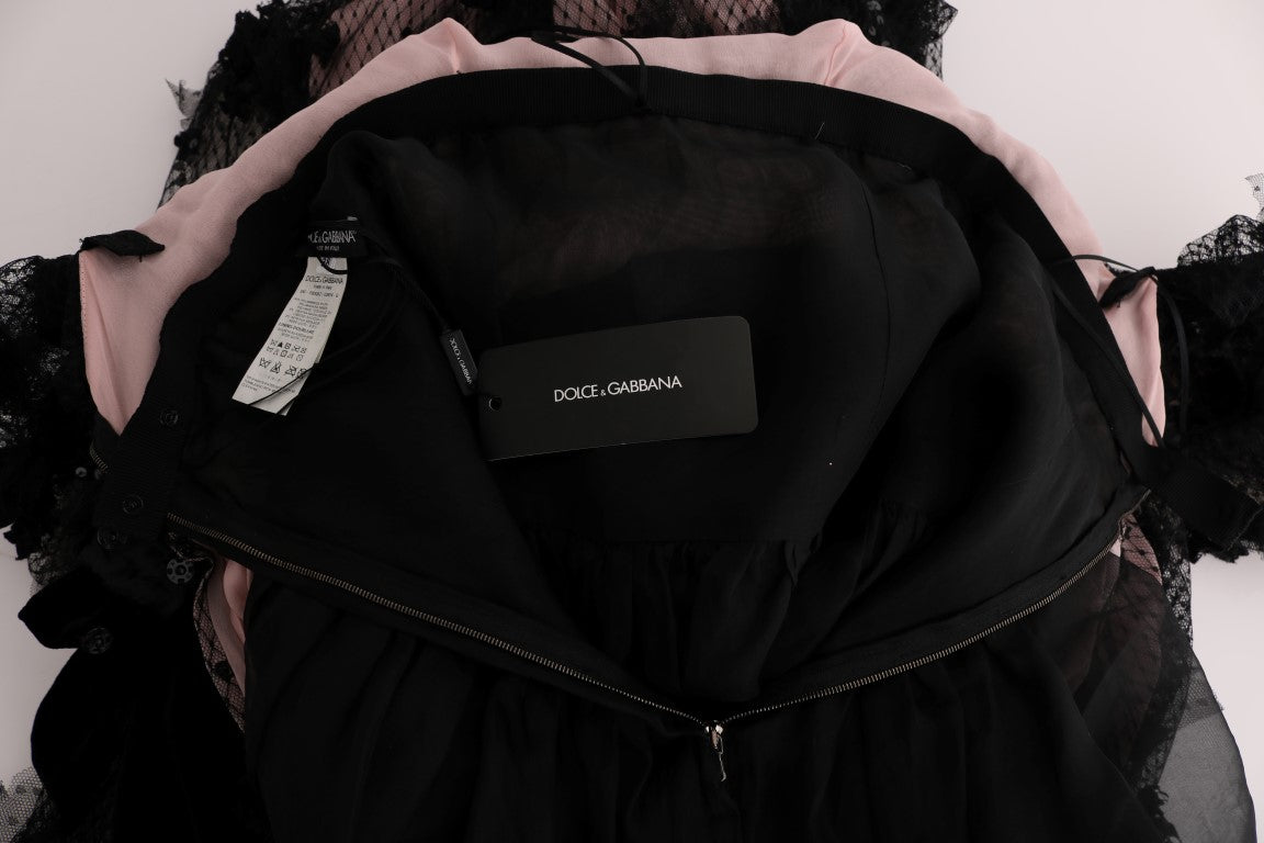 Dolce & Gabbana Schwarzes Seiden-Shiftkleid mit pinkfarbener Applikation