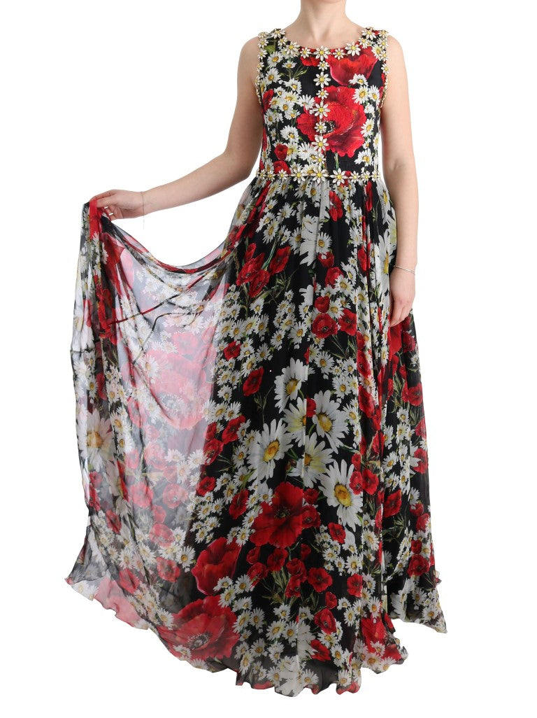 Dolce & Gabbana Maxikleid aus Seide mit Blumenmuster und Kristallen