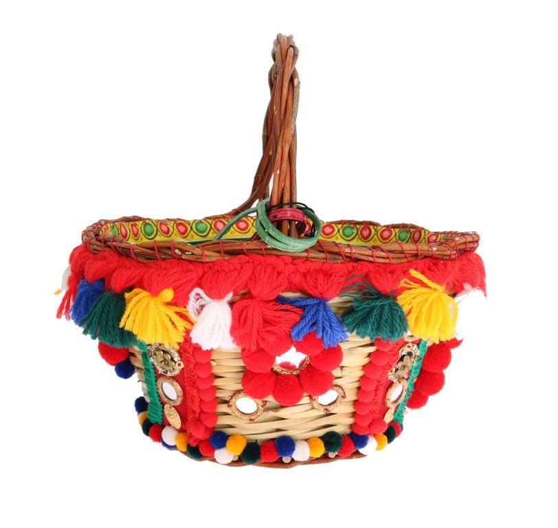 Dolce & Gabbana Meerkleurige AGNESE Stro Kristal Pom Pom Tas