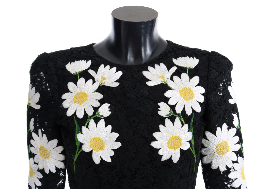 Dolce & Gabbana Schwarzes florales Spitzen-Kleid Chamomile Sicily